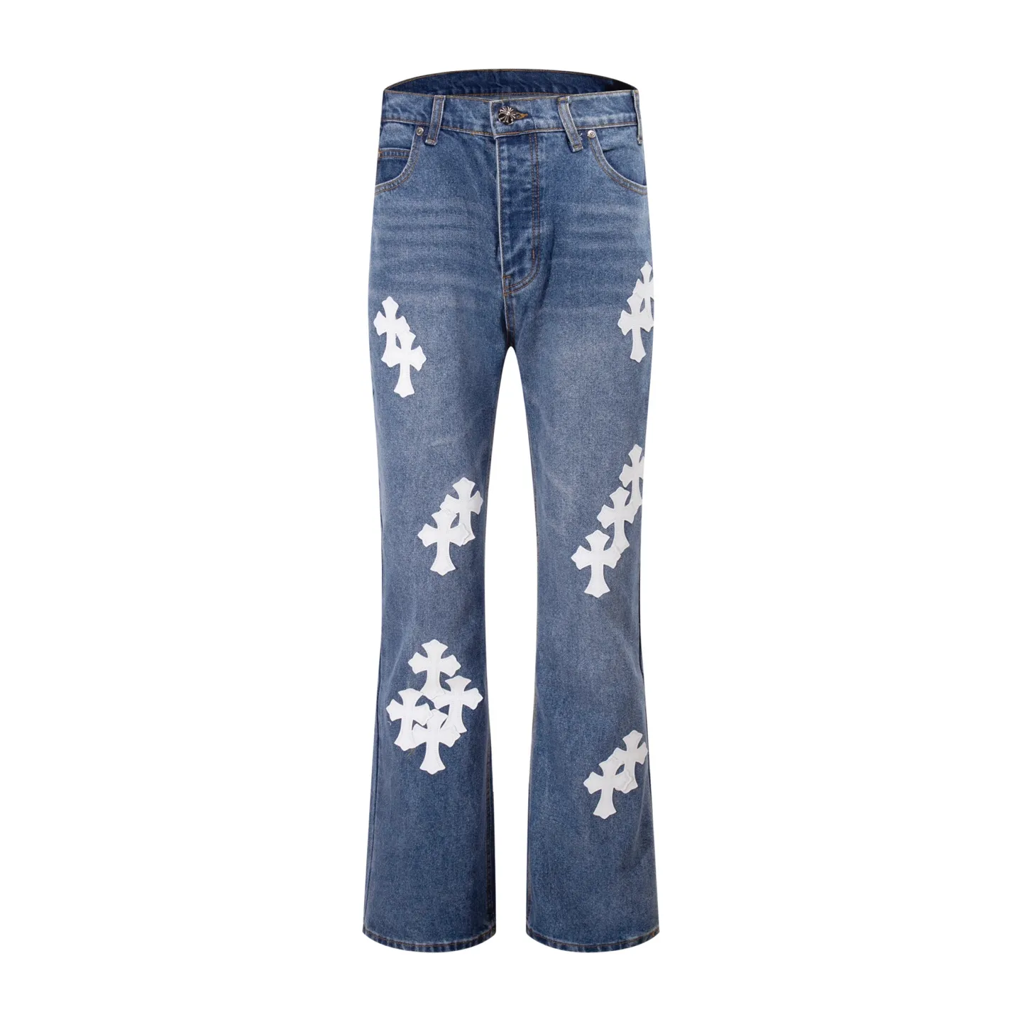 P220 Style number: H23 Croxin & 𝐂𝐡𝐫𝐨𝐦𝐞 𝐇𝐞𝐚𝐫𝐭 ss25 blue trousers, white leather, bootcut button jeans, styles with different wash textures, very friendly to people with thin legs, and the bootcut style perfectly modifies the leg shape The timeless and moderate length makes it easy to match and match. It is the basis for various styles and is a must-have in your wardrobe! The fabric is stiff but also makes the upper body soft without losing texture. The washing process is even more perfect. It is a must-have item for everyone! ! ! Washed wheat, hang tag, pants label, three labels complete Color: blue Size: 28-30-32-34-36